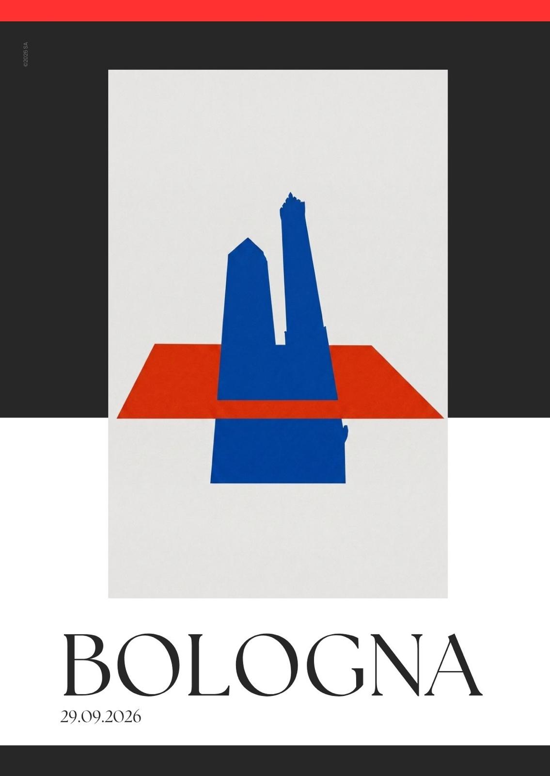 Manifesto THE VANTAGE — Bologna 04.11.2026, le Due Torri stilizzate in blu su fondo carta